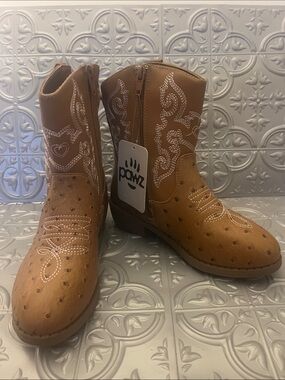 PAWZ Kids Tan Western Boots with White Embroidery